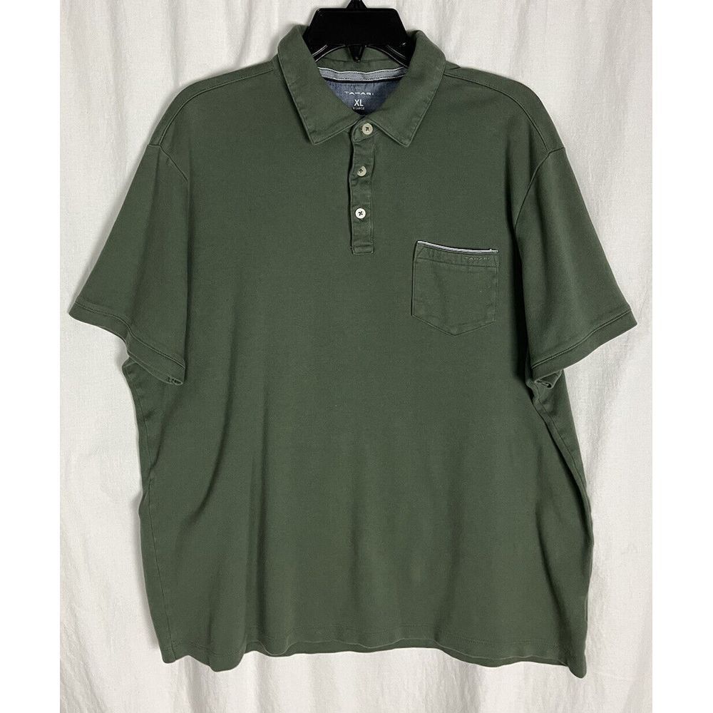 Tahari Shirt Mens Size XL Green‎ Cotton Polo Shirt Short Sleeve One Pocket Front